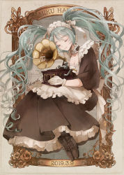 Rule 34 | 39, alternate costume, apron, aqua hair, beamed eighth notes, black dress, boots, breasts, bug, butterfly, character name, cleavage, cross-laced footwear, dated, dotted half note, dress, eighth note, enmaided, closed eyes, flower, framed, frilled apron, frills, full body, gloves, hai yoru, hatsune miku, holding, bug, lace-up boots, long hair, maid, maid headdress, musical note, neck garter, phonograph, quarter note, ribbon, rose, sitting, smile, staff (music), twintails, very long hair, vocaloid, white gloves