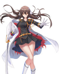 Rule 34 | 1girl, absurdres, armband, azur lane, bad id, bad pixiv id, belt, black hair, black jacket, black skirt, blush, breasts, brown hair, buckle, buttons, closed mouth, coat, collarbone, commentary, epaulettes, expressionless, floating hair, gloves, hair between eyes, highres, holding, holding sword, holding weapon, horns, jacket, jacket on shoulders, kneehighs, logo, long hair, long sleeves, looking at viewer, medium breasts, mikasa (azur lane), military, military uniform, nebu (pixiv22443854), open mouth, saber (weapon), shirt, sidelocks, simple background, skirt, socks, solo, sword, thighs, uniform, weapon, white background, white gloves, white shirt, white socks