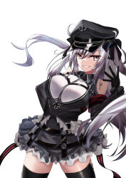 Rule 34 | 1girl, azur lane, black corset, black gloves, black hat, black thighhighs, boots, breasts, clothing cutout, corset, cross, dress, elbe (azur lane), frilled dress, frills, gloves, hair between eyes, hat, highres, iron cross, jiseki rena, large breasts, layered dress, multicolored hair, open mouth, peaked cap, rudder footwear, shoulder cutout, simple background, solo, streaked hair, thigh boots, thighhighs, underboob cutout, white background