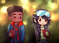 Rule 34 | 1boy, 1girl, ag nonsuch, black hair, black jacket, blue jacket, blush, commentary, commission, crossover, cup, dark-skinned male, dark skin, disposable cup, english commentary, frown, goggles, goggles on head, hetero, highres, holding, holding cup, hood, hoodie, invincible (series), jacket, marvel, miles morales, open mouth, parody, red hoodie, scott pilgrim (series), scott pilgrim takes off, smile, spider-man (series), sweat, terra grayson