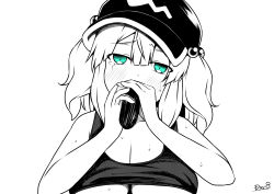 Rule 34 | 1girl, blue eyes, blush, breasts, cleavage, commentary request, crop top, cucumber, fellatio, flat cap, greyscale, hair bobbles, hair ornament, hat, highres, kagiyama shachou, kawashiro nitori, large breasts, looking at viewer, medium hair, monochrome, oral, phallic symbol, playing penis like flute, sidelocks, simple background, simulated fellatio, solo, tank top, touhou, two side up, underboob, upper body