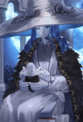 Rule 34 | 1girl, blue eyes, blue skin, breasts, cloak, colored skin, dress, elden ring, extra arms, fur cloak, glowing tattoo, hat, highres, kfr, large breasts, long hair, long sleeves, looking at viewer, miniature ranni, ranni the witch, witch, witch hat