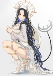 Rule 34 | 1girl, absurdres, belt, black hair, blue hair, blush, botan (oacdrykafjf3g3d), breasts, brown eyes, chest belt, cleavage, closed mouth, coif, commentary request, curled horns, demon girl, demon horns, demon tail, dress, full body, grey horns, habit, halo, hebiyoi tier, hebiyoi tier (2nd costume), high heels, highres, horns, lace sleeves, lace socks, large breasts, leg ribbon, long hair, long sleeves, looking at viewer, multicolored hair, nanashi inc., nun, own hands together, parted bangs, pointy ears, ribbon, sidelocks, solo, squatting, tail, two-tone hair, very long hair, virtual youtuber, white background, white belt, white dress, white footwear, yellow halo