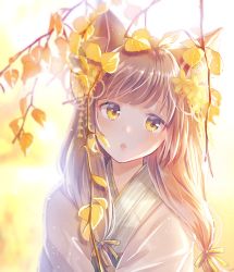 Rule 34 | 1girl, :o, animal ears, autumn leaves, backlighting, blunt bangs, blush, brown hair, day, fox ears, head tilt, highres, japanese clothes, kimono, long hair, myusha, open mouth, original, outdoors, parted lips, plant, revision, solo, upper body, vines, white kimono, yellow eyes