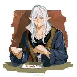 Rule 34 | 1boy, absurdres, arm belt, blue jacket, chinese commentary, collarbone, commentary request, cup, eating, elezen, elf, estinien varlineau, fan mu zhang, final fantasy, final fantasy xiv, food, food in mouth, fried squid, grey eyes, hair between eyes, highres, holding, holding cup, holding food, jacket, long hair, long sleeves, looking to the side, male focus, parted lips, pointy ears, sakazuki, sideways glance, solo, upper body, weibo logo, weibo watermark, white background, white hair