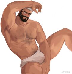 Rule 34 | 1boy, abs, arm on own head, armpits, bara, beard, blush, borrowed character, briefs, character request, chest hair, facial hair, feet out of frame, flustered, glasses, large pectorals, lixiao6342, male focus, male underwear, mature male, multicolored hair, muscular, muscular male, mustache, navel, navel hair, nipples, one eye closed, original, pectorals, scar, scar on chest, short hair, solo, spread legs, stomach, thick eyebrows, thick thighs, thighs, topless male, two-tone hair, underwear, white background, white hair, white male underwear