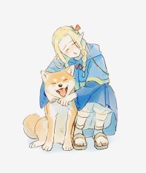 Rule 34 | 1girl, affectionate, animal, animal hug, blonde hair, blue capelet, blue robe, braid, capelet, commentary request, dog, dungeon meshi, elf, facing viewer, french braid, full body, hair ribbon, happy, head tilt, highres, holding, holding staff, hood, hood down, hooded capelet, long hair, long sleeves, marcille donato, multiple braids, open mouth, pants, parted bangs, pointy ears, puckered lips, red ribbon, ribbon, robe, sandals, shiba inu, side-by-side, side braid, simple background, sprout, squatting, staff, tears, tongue, tongue out, white background, white pants, yiwoo2030