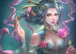 Rule 34 | 1girl, arm up, blue hair, breasts, cleavage, commentary, dress, earrings, english commentary, eyelashes, flower, gold, hand up, highres, holding, holding flower, holding ribbon, jewelry, lips, lipstick, looking at viewer, makeup, mars foong, mascara, medium breasts, no bangs, nose, ornate, parted lips, pink flower, pink lips, pink ribbon, pink rose, purple flower, purple rose, ribbon, rose, see-through, sleeveless, sleeveless dress, solo, yellow eyes
