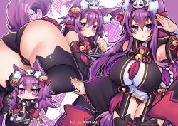 Rule 34 | 1girl, :&lt;, animal ear fluff, animal ears, ass, azur lane, bare shoulders, bell, black thighhighs, black vest, blush, breasts, chibi, detached sleeves, dress, eyebrows, eyes visible through hair, fox ears, fox tail, frown, hair bell, hair between eyes, hair ornament, hair ribbon, hairband, impossible clothes, jingle bell, large breasts, long hair, long sleeves, looking at viewer, open clothes, open mouth, open vest, osiimi, paw print, purple eyes, purple hair, red hairband, red ribbon, ribbon, sitting, solo, tail, tassel, thick eyebrows, thighhighs, tsurime, urakaze (azur lane), vest, wavy mouth, white dress, zettai ryouiki