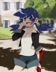 Rule 34 | 1girl, ahoge, artrica, bad id, bad pixiv id, bare legs, blue eyes, blue hair, casual, contrapposto, jacket, long hair, marinette dupain-cheng, matching hair/eyes, miraculous ladybug, open clothes, open jacket, shadow, shorts, solo, standing, twintails, umbrella