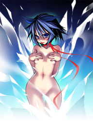 Rule 34 | 1girl, :p, breasts, cirno, completely nude, covering privates, covering breasts, embodiment of scarlet devil, female focus, hip focus, long scarf, naked scarf, naughty face, nude, nude cover, oba kagerou, ooba kagerou, perfect cherry blossom, scarf, solo, tongue, tongue out, touhou, wide hips
