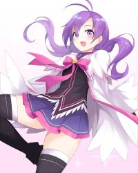 Rule 34 | 1girl, aisha landar, antenna hair, black shirt, black thighhighs, bow, cape, elemental master (elsword), elsword, gradient background, highres, long hair, looking at viewer, pink background, pink bow, purple eyes, purple hair, purple skirt, shirt, skirt, smile, solo, sparkle, thighhighs, twintails, waero, white background, white cape
