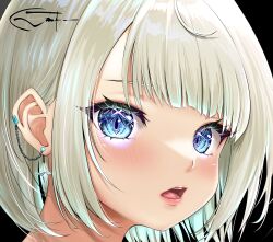Rule 34 | 1girl, blue eyes, blush, close-up, earrings, glowing, glowing eyes, highres, itoi toi (neo-porte), jewelry, lips, looking at viewer, neo-porte, open mouth, prsdubstep, short hair, signature, solo, sparkling eyes, virtual youtuber, white hair