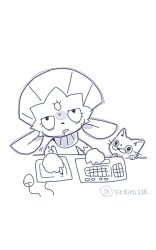 Rule 34 | 1girl, animal, animal ears, artist name, bags under eyes, cat, creatures (company), drawing, drawing tablet, female focus, flat chest, forehead jewel, furry, furry female, game freak, gen 4 pokemon, grey outline, greyscale, half-closed eyes, hands up, holding, holding stylus, jitome, keyboard (computer), looking up, monochrome, motion lines, mouse (computer), nintendo, open mouth, pokemon, pokemon (creature), rolling eyes, shira (sirairo116), signature, simple background, sitting, sketch, solo, stylus, twitter username, upper body, weavile, white background