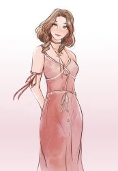 Rule 34 | 1girl, aerith gainsborough, armor, arms behind back, breasts, brown hair, choker, cleavage, dress, final fantasy, final fantasy vii, final fantasy vii remake, green eyes, highres, jacket, unworn jacket, jewelry, looking at viewer, medium breasts, necklace, papermint tea, parted bangs, pink dress, red ribbon, ribbon, short hair, sidelocks, sleeveless, sleeveless dress, smile, solo, square enix, upper body, wavy hair