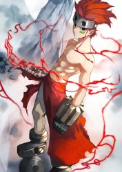 Rule 34 | 1boy, abs, black eyes, bleeding, blood, blood on face, bolt (hardware), clenched hand, closed mouth, facepaint, fog, frown, gloves, headgear, highres, injury, mountain, original, pants, red hair, runes, short hair, spiked gloves, standing, topless male, torn clothes, tree, yoshio (55level)