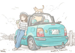 Rule 34 | 1girl, brown hair, car, cat, convertible, drink, holding, holding drink, leaning back, looking to the side, motor vehicle, nissan, nissan march, original, rabienu, starbucks, striped clothes, striped sweater, sweater, vehicle focus
