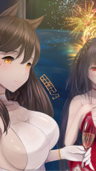 Rule 34 | 2girls, aerial fireworks, alternate costume, animal ears, atago (azur lane), azur lane, black hair, blurry, blurry background, breasts, brown hair, champagne flute, choker, cocktail dress, cup, dress, drinking glass, evening gown, ex saki, fireworks, from side, large breasts, long hair, mole, mole under eye, multiple girls, night, official alternate costume, orange eyes, red choker, red dress, sideboob, taihou (azur lane), taihou (forbidden feast) (azur lane), upper body, water, white dress
