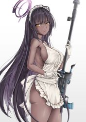 Rule 34 | 1girl, anti-materiel rifle, apron, ass, black hair, blue archive, breasts, dark-skinned female, dark skin, gloves, gun, halo, highres, karin (blue archive), large breasts, long hair, maid, naked apron, rifle, sniper rifle, solo, standing, very dark skin, very long hair, weapon, white gloves, yellow eyes
