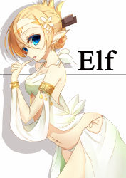 Rule 34 | 1girl, :d, arched back, armlet, blonde hair, blue eyes, breasts, cleavage, coin (ornament), cowboy shot, detached sleeves, earrings, elf, english text, flower, folded ponytail, from side, hair between eyes, hair ornament, hairclip, highres, if (asita), index finger raised, jewelry, long hair, looking at viewer, medium breasts, midriff, open mouth, original, panties, pointy ears, side-tie panties, skirt, sleeveless, smile, solo, tatapopo, text focus, underwear, white flower, white panties, white skirt, wristlet