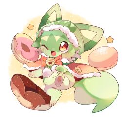 Rule 34 | :3, animal ears, animal focus, animal hood, bell, blush, bow, bowtie, capelet, cat, clothed pokemon, creatures (company), doughnut, fake animal ears, fang, food, full body, fur-trimmed capelet, fur-trimmed hood, fur trim, game freak, happy, highres, hood, hood up, hooded capelet, jingle bell, neck bell, nintendo, no humans, one eye closed, open mouth, pawpads, pokemon, pokemon (creature), pom pom (clothes), red bow, red bowtie, red capelet, red eyes, smile, solo, sprigatito, star (symbol), traditional bowtie, yupo 0322