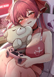 Rule 34 | 1girl, absurdres, arrow through heart, black choker, blush, breasts, chair, choker, controller, cropped shirt, game controller, gaming chair, hair ribbon, heterochromia, highres, hinoki kahun0, holding, holding controller, holding game controller, hololive, houshou marine, large breasts, long hair, looking at viewer, open mouth, pillow, red eyes, red hair, red ribbon, red shirt, red shorts, ribbon, shirt, short shorts, shorts, solo, swivel chair, twintails, virtual youtuber, yellow eyes