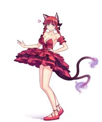 Rule 34 | 1girl, :i, alternate costume, anger vein, animal ears, arm garter, armpits, bad anatomy, bare legs, bare shoulders, black bow, blush, bow, braid, breasts, cat ears, cat tail, cleavage, closed mouth, collarbone, dress, extra ears, frills, full body, hair bow, hater (hatater), highres, kaenbyou rin, layered dress, looking to the side, medium breasts, multiple tails, nekomata, no legwear, no socks, petticoat, pointy ears, red dress, red eyes, red footwear, red hair, shiny skin, shoes, short dress, simple background, solo, standing, strapless, strapless dress, tail, touhou, twin braids, two tails, white background