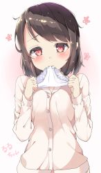 Rule 34 | 1girl, blush, breasts, brown hair, cardigan, character name, chikuwa., closed mouth, embarrassed, half-closed eyes, hands up, highres, holding, holding clothes, holding panties, holding underwear, joshi shougakusei hajimemashita, lace, lace-trimmed panties, lace trim, looking at viewer, medium breasts, mouth hold, panties, panties in mouth, unworn panties, red eyes, solo, underwear, white panties