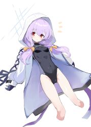 Rule 34 | 1girl, black gloves, blue archive, gloves, halo, highres, hood, hoodie, kiomota, long hair, looking at viewer, purple hair, red eyes, simple background, solo, thighs, twintails, white background, white hoodie