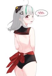 Rule 34 | 1girl, admi (nikke), ahoge, ass, back, bare shoulders, black panties, blush, goddess of victory: nikke, green hair, grey hair, hair ornament, hairclip, highres, long hair, looking at viewer, multicolored hair, open mouth, oung69, panties, red eyes, sailor collar, simple background, solo, spoken blush, streaked hair, underwear, white background