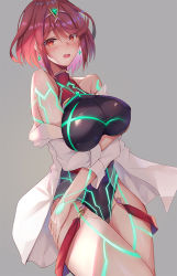 Rule 34 | 1girl, arms under breasts, bare shoulders, blush, breasts, competition swimsuit, dress shirt, earrings, grey background, inoue takuya (tactactak), jewelry, large breasts, looking at viewer, nintendo, off shoulder, one-piece swimsuit, open clothes, open mouth, open shirt, pyra (pro swimmer) (xenoblade), pyra (xenoblade), red eyes, red hair, shirt, short hair, swept bangs, swimsuit, thighs, tiara, white shirt, xenoblade chronicles (series), xenoblade chronicles 2