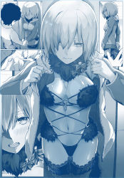 Rule 34 | 1boy, 1girl, arm grab, blue theme, blush, breasts, choker, cleavage, comic, fangs, fate/grand order, fate (series), fujimaru ritsuka (male), hair over one eye, halloween costume, hetero, holding hands, hood, hooded jacket, jacket, lace, lace-trimmed legwear, lace trim, large breasts, mash kyrielight, mash kyrielight (dangerous beast), meme, monochrome, navel, no pants, o-ring, o-ring top, official alternate costume, open clothes, open jacket, prostitution, revealing clothes, short hair, syatey, tail, teeth, they had lots of sex afterwards (meme), thighhighs, undressing, wolf tail
