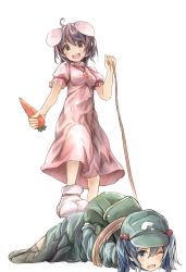 Rule 34 | 2girls, animal ears, backpack, bag, bdsm, black hair, blue eyes, blue hair, bondage, bound, breasts, brown eyes, carrot, commentary request, dress, food, full body, green hat, hair bobbles, hair ornament, hat, highres, holding, holding food, inaba tewi, kawashiro nitori, looking at viewer, multiple girls, one eye closed, pink dress, puffy short sleeves, puffy sleeves, rabbit ears, rope, shimada sarasara, short hair, short sleeves, simple background, small breasts, smile, standing, tied up (nonsexual), touhou, transparent background, two side up
