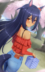 Rule 34 | 1girl, absurdres, animal ears, bare shoulders, black hair, blush, casual, cherry blossoms, clothing cutout, commentary, cowboy shot, dark-skinned female, dark skin, denim, dutch angle, from behind, hair between eyes, hair ornament, hairclip, hanami, highres, hishi amazon (umamusume), holding, horse ears, horse girl, horse tail, jeans, long hair, long sleeves, looking at viewer, outdoors, pants, particle sfs, red eyes, solo, standing, tail, tail through clothes, tree, umamusume