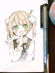 Rule 34 | !, 1girl, :o, aged down, art tools in frame, black bow, black dress, blush, bow, collared shirt, commentary request, dress, hand to own mouth, hand up, indie virtual youtuber, light brown hair, long sleeves, looking at viewer, open mouth, photo (medium), shigure ui (channel), shigure ui (vtuber), shigure ui (vtuber) (young), shirt, sleeveless, sleeveless dress, sofra, solo, traditional media, twintails, virtual youtuber, white shirt