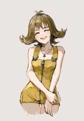 Rule 34 | 1girl, artist name, bare arms, bare shoulders, breasts, brown hair, closed eyes, collarbone, commentary request, cropped legs, final fantasy, final fantasy viii, hand on own arm, highres, jewelry, light blush, medium hair, necklace, parted lips, selphie tilmitt, simple background, small breasts, smile, solo, uzutanco, yellow overalls, zipper