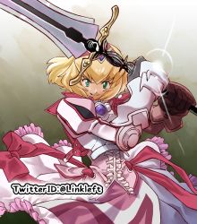 Rule 34 | 1girl, alexia lynn elesius, armor, armored dress, blonde hair, bow, breastplate, center frills, commentary request, dress, dress bow, frills, gauntlets, glint, gloves, green eyes, hairband, knight, link (aa30), looking at viewer, medium hair, smile, solo, sword, weapon, wild arms, wild arms xf