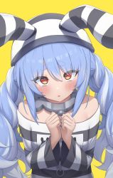 Rule 34 | 1girl, absurdres, animal ears, blue hair, blush, braid, highres, hololive, long hair, long sleeves, looking at viewer, multicolored hair, official alternate costume, parted lips, prison clothes, rabbit ears, rabbit girl, red eyes, shirt, simple background, solo, streaked hair, striped clothes, striped shirt, thick eyebrows, twin braids, upper body, usada pekora, usada pekora (prisoner), virtual youtuber, white hair, yellow background, yihsien