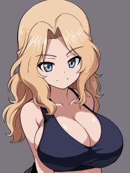 Rule 34 | 1girl, alternate costume, arm under breasts, blonde hair, blue eyes, blue tank top, breasts, cleavage, collar, commentary, girls und panzer, grey background, hair intakes, highres, hikari (hikaring3120), kay (girls und panzer), large breasts, long hair, looking at viewer, looking back, smile, solo, split mouth, tank top, upper body, wavy hair