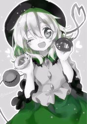Rule 34 | 1girl, bad id, bad twitter id, eyeball, frilled sleeves, frills, green hair, grey background, hat, heart, heart of string, komeiji koishi, kyouda suzuka, one eye closed, open mouth, partially colored, short hair, simple background, skirt, smile, solo, third eye, touhou