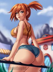 1girl :p arm_support ass asymmetrical_hair bare_arms bare_shoulders blue_sky blurry blush breasts cloud creatures_(company) crop_top day denim denim_shorts female_focus from_behind game_freak gen_1_pokemon green_eyes gym_leader hair_between_eyes highres huge_ass large_breasts legs leonart leonhenthighs looking_at_viewer looking_back micro_shorts midriff misty_(pokemon) nintendo orange_hair outdoors pokemon pokemon_(anime) pokemon_(classic_anime) ponytail shirt short_hair short_shorts shorts side_ponytail sideboob sitting sky sleeveless solo suspender_shorts suspenders tank_top thick_thighs thighs tongue tongue_out underboob wide_hips yellow_shirt yellow_tank_top