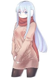 Rule 34 | 1girl, argyle, argyle clothes, argyle sweater, black pantyhose, blue eyes, blue hair, breasts, brown sweater, closed mouth, cropped legs, dress, earmuffs, expressionless, long hair, looking at viewer, medium breasts, original, pantyhose, red scarf, ryuusei (ryuuseiseikou), scarf, sidelocks, simple background, sleeves past wrists, solo, straight hair, sweater, sweater dress, white background, yagi (ningen), yukimi (ryuusei), yukimi (yagi)