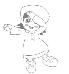 Rule 34 | 1girl, adeleine, blush stickers, buttons, collared shirt, dab (dance), drawfag, full body, greyscale, hat, kirby (series), kirby 64, leg up, long sleeves, monochrome, nintendo, one eye closed, shirt, smile, solo, tagme