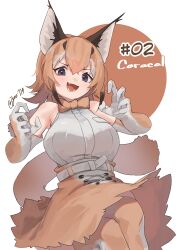 Rule 34 | 1girl, absurdres, animal ears, bare shoulders, blue eyes, blush, breasts, brown hair, caracal (kemono friends), caracal ears, cat ears, cat girl, cat tail, elbow gloves, gloves, hair between eyes, high-waist skirt, highres, jknor, kemono friends, large breasts, looking at viewer, multicolored hair, open mouth, orange gloves, orange hair, orange skirt, orange thighhighs, shirt, sidelocks, skirt, sleeveless, smile, solo, tail, thighhighs, two-tone gloves, white gloves, white hair, white shirt