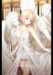Rule 34 | 1girl, absurdres, ahoge, angel, arcueid brunestud, armpits, bad id, bad pixiv id, bare legs, bare shoulders, blonde hair, breasts, cleavage, collarbone, dress, gloves, hair between eyes, hair intakes, highres, holding, holding clothes, holding skirt, kuraka, large breasts, light particles, looking away, looking to the side, red eyes, short hair, skirt, smile, solo, statue, sunlight, thighs, tsukihime, type-moon, white dress