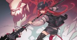 Rule 34 | 1girl, arknights, asymmetrical legwear, belt, black belt, black hat, black jacket, black skirt, black thighhighs, cabbie hat, commentary request, dated, fixro2n, floating hair, glass, hat, highres, holding, holding weapon, horns, jacket, long hair, long sleeves, mismatched legwear, open clothes, open jacket, open mouth, pink thighhighs, pointy ears, red eyes, red hair, shirt, signature, skirt, solo, studded belt, thighhighs, very long hair, vigna (arknights), weapon, white shirt
