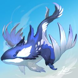 Rule 34 | animal focus, blue eyes, blue sky, commentary, english commentary, feathered wings, fins, flying, from side, full body, highres, looking at viewer, no humans, orca, original, sky, solo, winged animal, wings, yamamura le