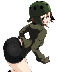 Rule 34 | 10s, 1girl, ass, black eyes, black footwear, black gloves, black shorts, boots, brown hair, brown jacket, cowboy shot, extra, from side, girls und panzer, gloves, hanzawa821, helmet, helmet-chan (girls und panzer), highres, jacket, long sleeves, looking back, military, military uniform, open mouth, short hair, short shorts, shorts, solo, standing, transparent background, uniform, white background