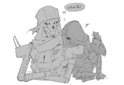 Rule 34 | 1boy, 1girl, android, animal, animal on shoulder, animification, apex legends, ash (titanfall 2), bandana, chinese commentary, chinese text, detached hood, greyscale, hood, hood up, humanoid robot, leaning on person, looking down, monochrome, mouse (animal), revenant (apex legends), robot, ruu47, scarf, simulacrum (titanfall), squiggle, thought bubble, white background