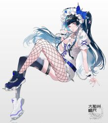 Rule 34 | + +, 1girl, absurdres, black hair, blue nails, blue ribbon, boots, breasts, cleavage, closed mouth, dress, earrings, fishnet pantyhose, fishnets, gillannn, grey background, hair between eyes, hair ornament, hairclip, hand on own chin, hat, highres, jewelry, long hair, looking at viewer, medium breasts, nail polish, original, pantyhose, red eyes, ribbon, short dress, short sleeves, sitting, smile, solo, twintails, watermark, white dress